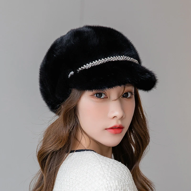 ZDFURS*Mink hat female winter fur mink fashion ear protection versatile Knight baseball cap