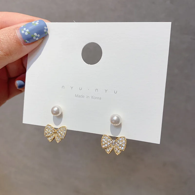 Sweet Girl Earrings Korean Fashion New Temperament Earrings Wild Personality Small Bow Pearl Crystal Earrings Women Orecchini