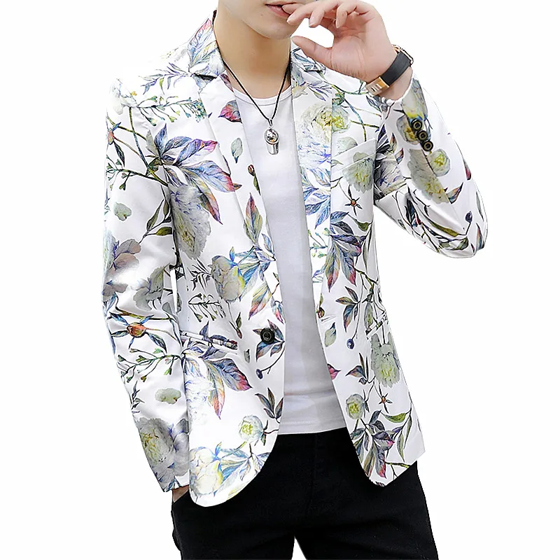 White Men Flower Blazer Coat, Asian Size Suit Jacket, Blue Black Jaqueta Male Slim Fit Outerwear M-6XL