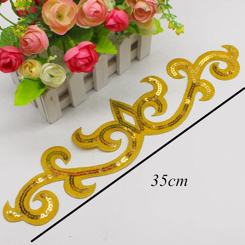 1 Piece Gold Embroidery Trims Sequined Flower Applique Iron On Patches Dance Dress Cosplay 35.5-7cm