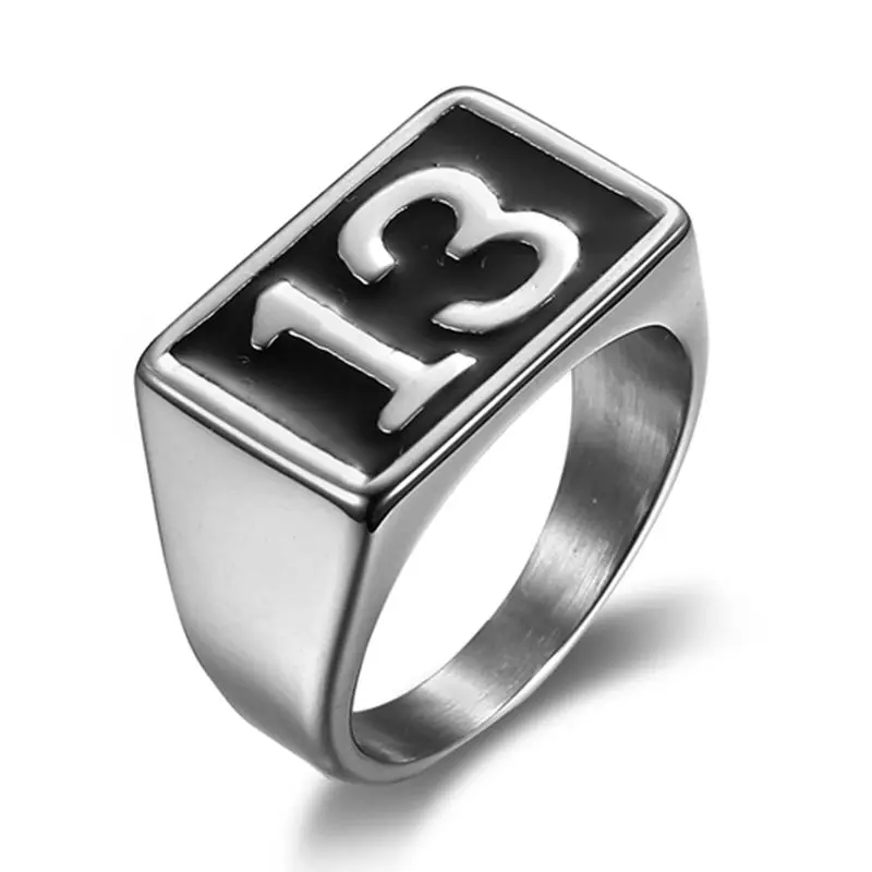 Punk 316L Stainless Steel Silver Color Black Enamel Number 13 Ring Thirteen Rings US Size 7-15#