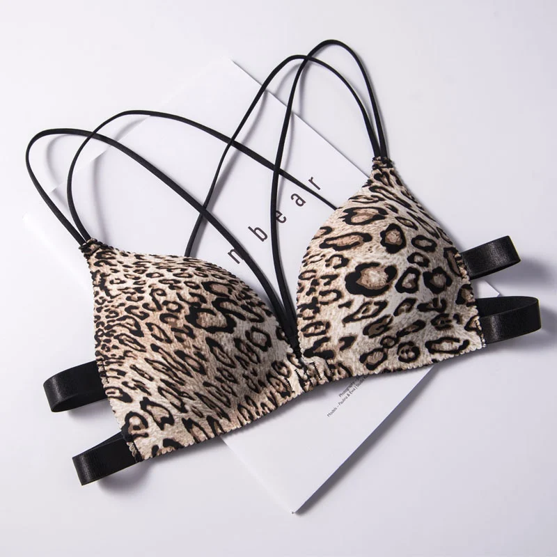 

Leopard Print Front Buckle Deep V Push Up Bra Lingeries Cross Sexy Beauty Back Floral Women Bras