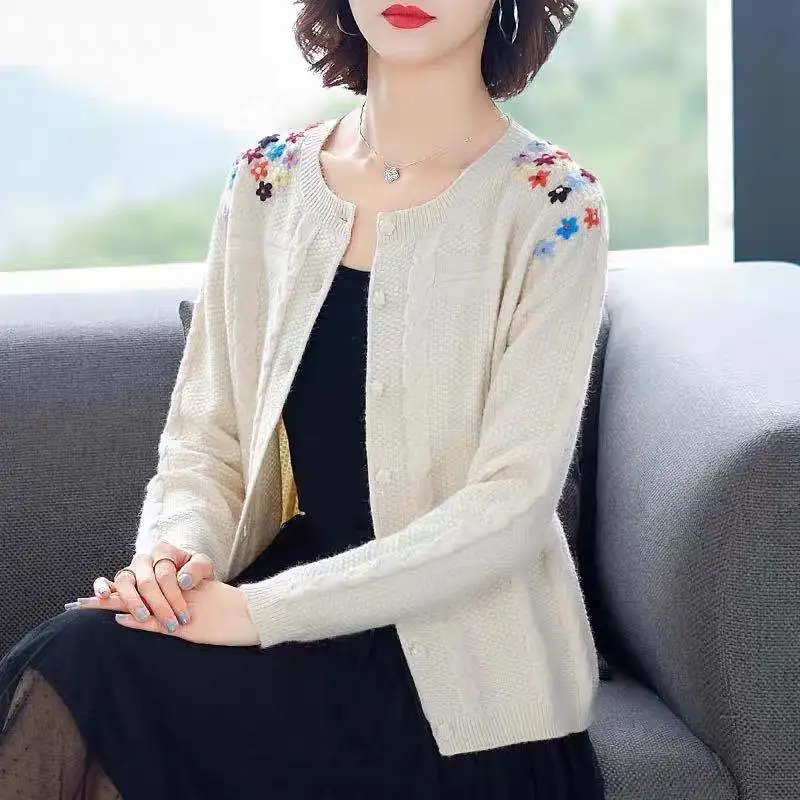 PEONFLY 2022 Women Cardigan Sweater V Neck Solid Floral Pattern Loose Knitwear Single Breasted Casual Knit Cardigan Jacket Coat