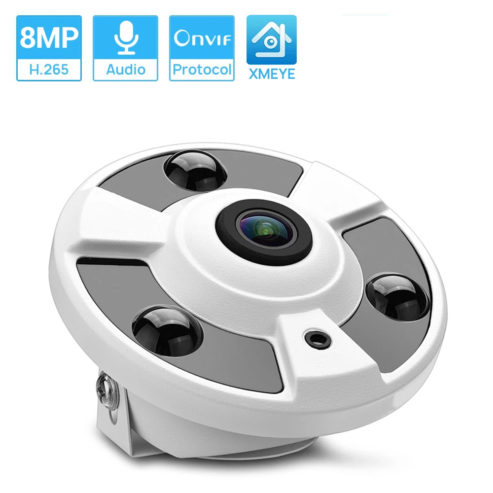 8MP 4K Ultra HD 48V POE IP Camera 1.7MM Fisheye Lens Panoramic Camera Indoor 180Degree Wide Angle Internal Audio  H.265 Xmeye