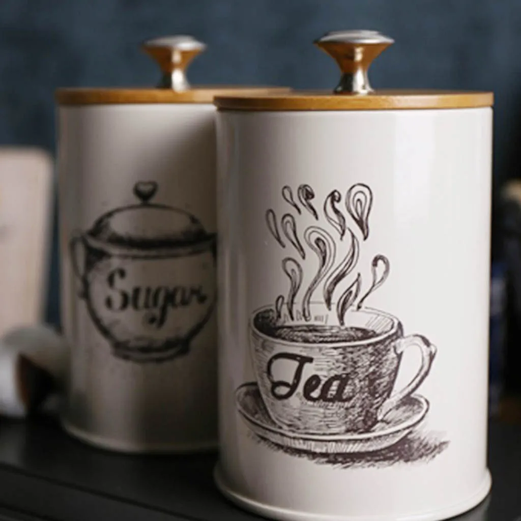 3Pcs Kitchen Storage Box Tins Food Canister Set Bamboo Lid Tea Coffee Sugar Bread Bin Jar Container