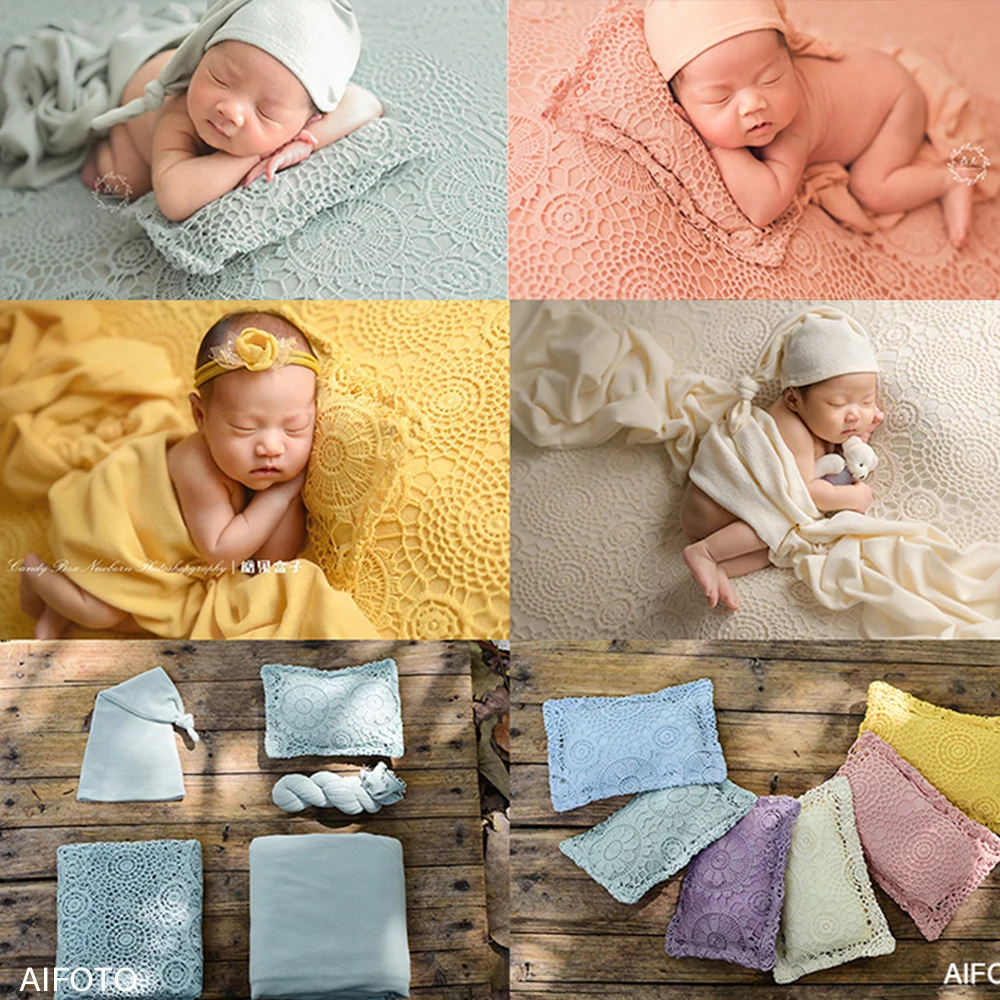 Newborn Photography Prop Blanket Pillow Studio Accessories Set Handmade Shooting Baby Photo Posing Beanbag Cover Weave Fabric