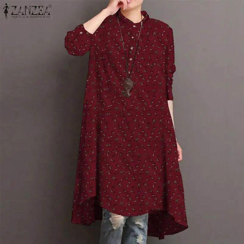 Kaftan Floral Tops Women\'s Autumn Blouse ZANZEA 2023 Casual Asymmetrical Tunic Female Button Down Blusas Oversized Tunic