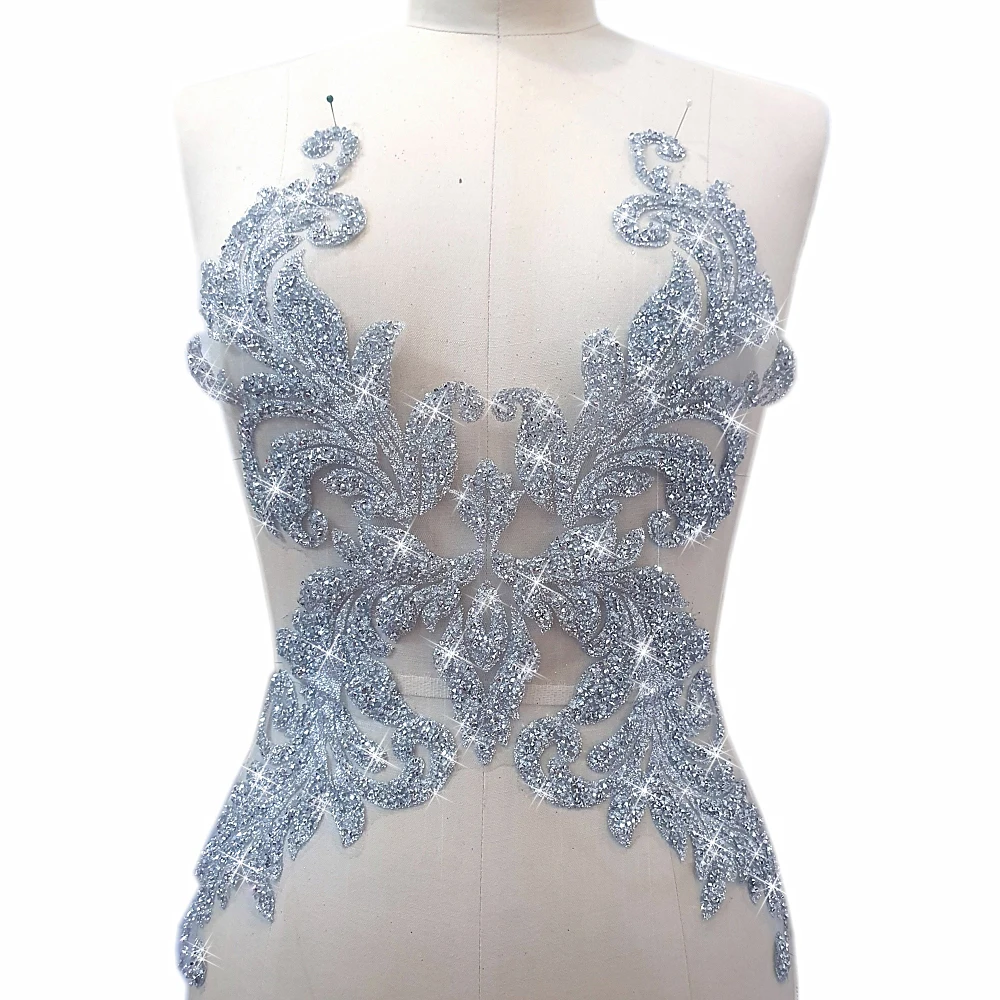 Bodice Design Diy Glued Beaded Sew on Silver Rhinestones Clothes Appliques and Patches For Wedding Evening Dress Couture Diy