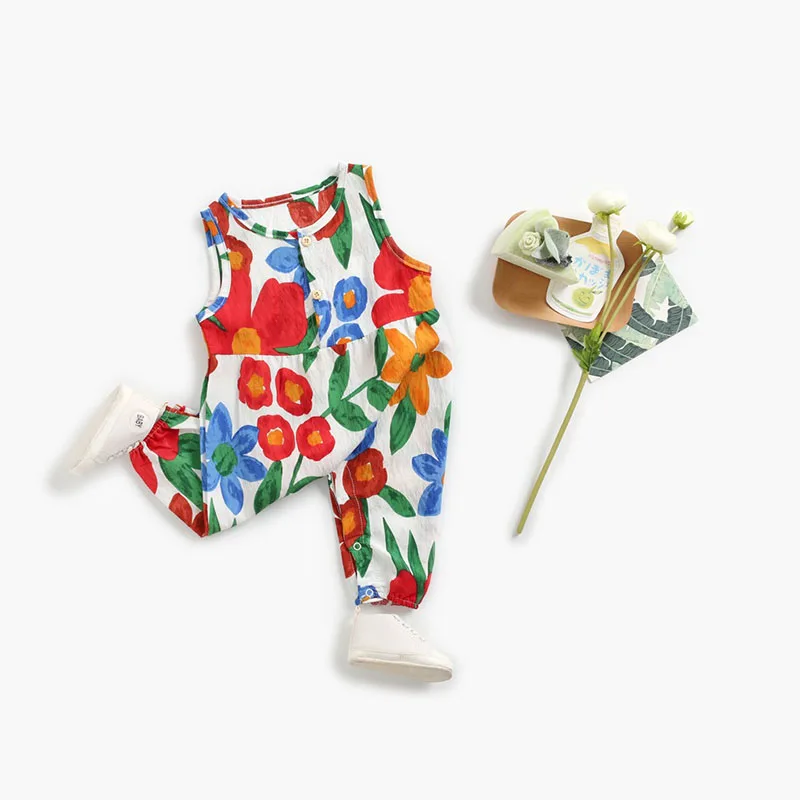 Zomer Meisjes Kleding Bloemen Katoenen Mouwloze Rompertjes