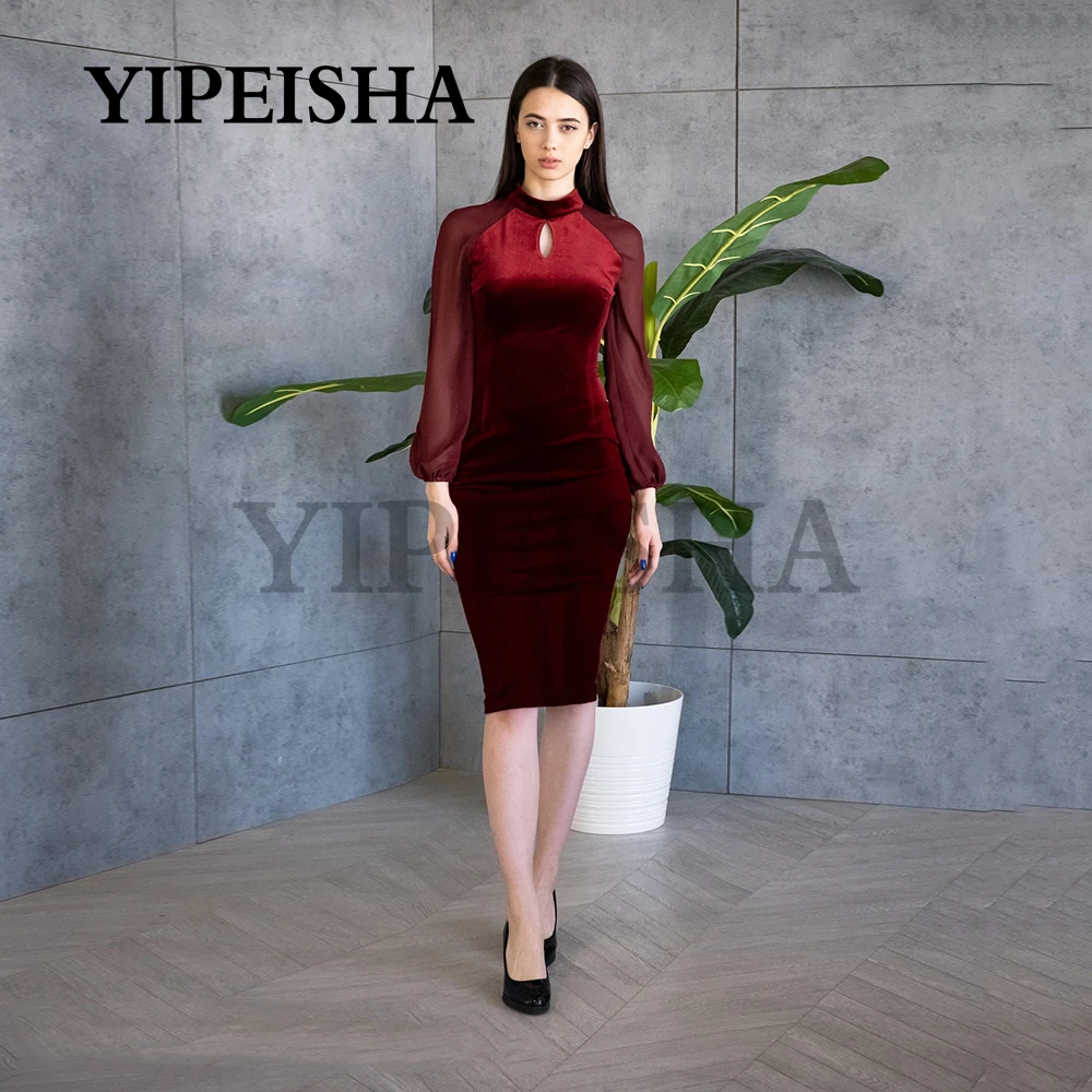 

O-Neck Mermaid Simple Evening Dresses See-Through Long Sleeve Burgundy Prom Party Gown robes de soirée vestidos fiesta