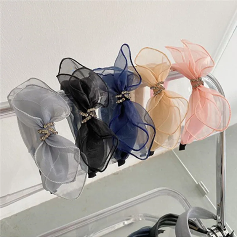 Czech Crystals Bow Hairbands Mesh Fairy Girls Headdress Solid Bowknot Headbands Adults Headwear Face Wash Hair Hoop Korean