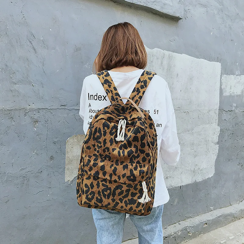 Corduroy Travel Leopard Backpack For Woman Travel Backpack Large Capacity Vintage Teenage Girl Female School ShoulderBag Bagpack