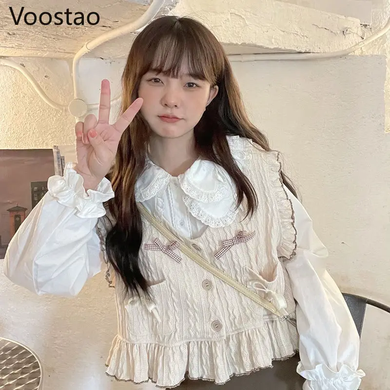 Spring Autumn Sweet Lolita Bow Knitted Sweater JK Cardigan Women Cute Sweater Vest Coat Korean Chic Ruffles Sleeveles Waistcoat