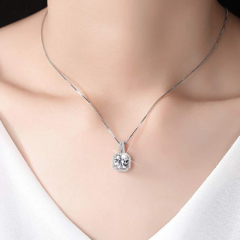 New Fashion 925 Sterling Silver AAA Zircon Square Pendant Necklaces Exquisite Crystal Clavicle Neck Chain For Women Jewelry Gift
