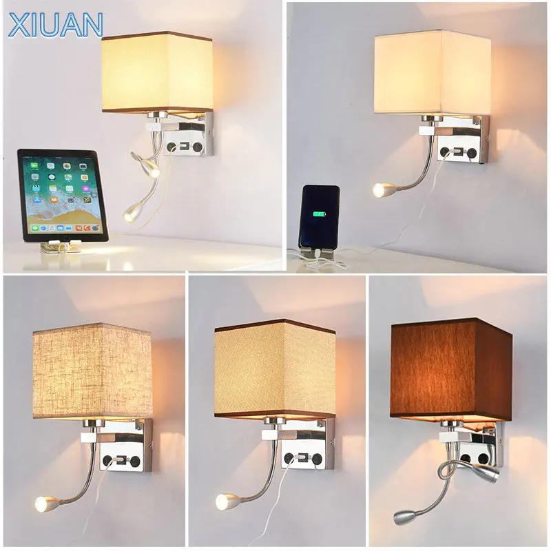 American LED Wall Bedside Lamp USB Port Fabric Sconces Hotel Bedroom Living Room Flexible E27 Wall Light for Reading