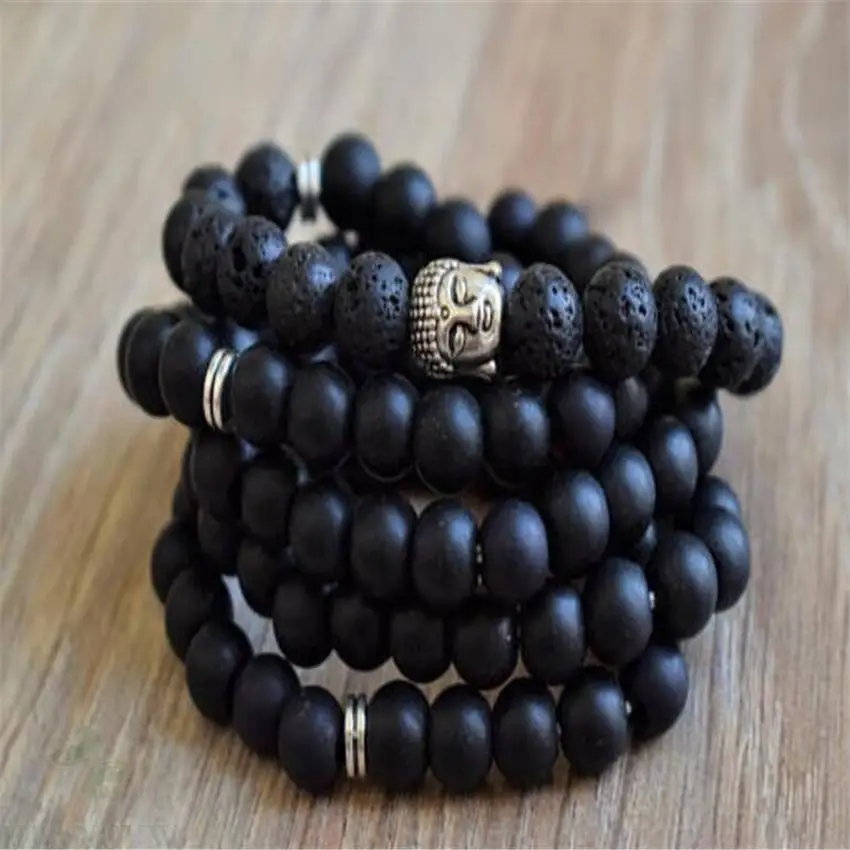 

8MM Lava black agate gemstone Mala bracelet 108 Beads Meditation cuff Buddhist energy Healing Sutra MONK Prayer Men