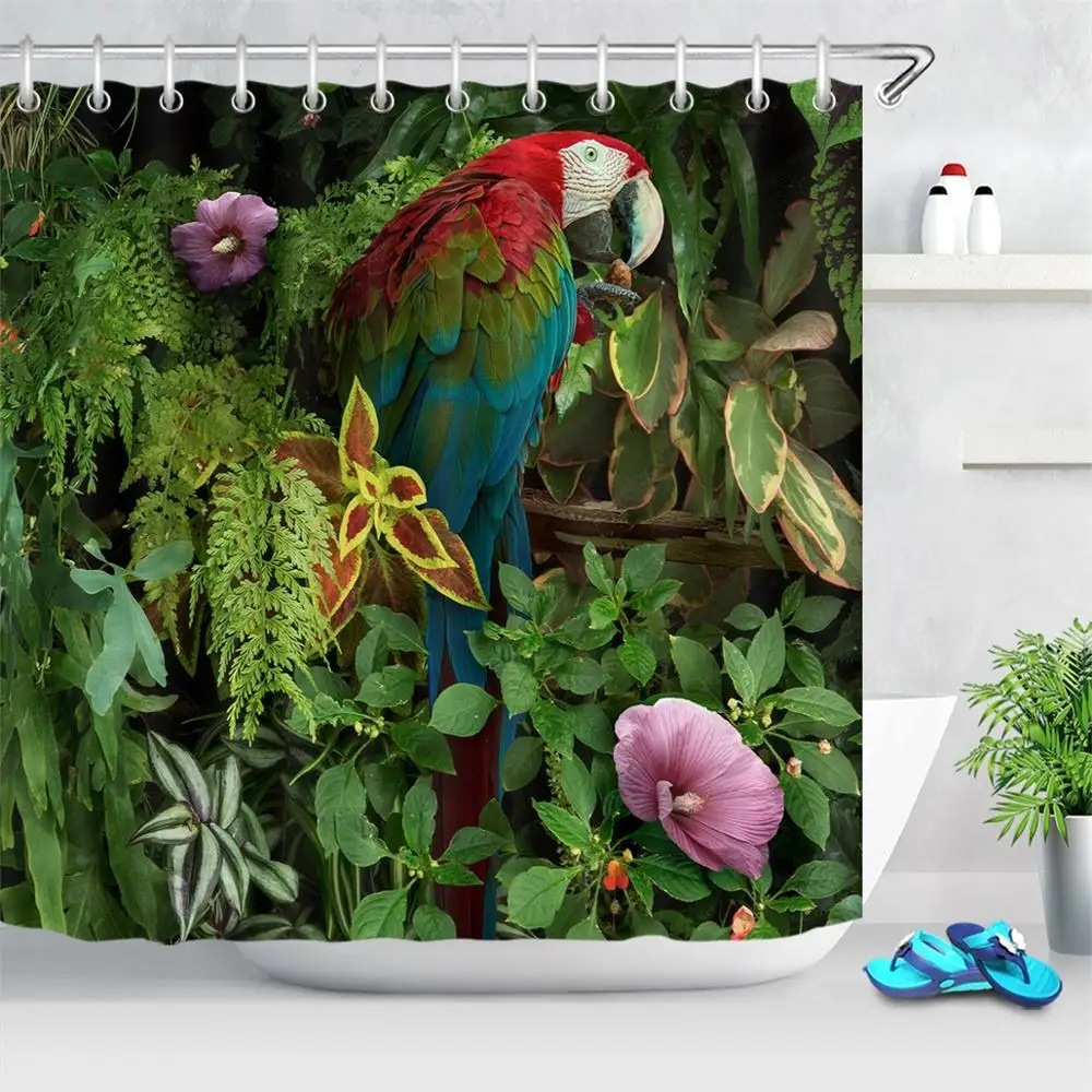 Green Plant Bird Fabric Shower Curtain Leaf Parrot Pattern Polyester Waterproof Bathroom Curtain with Hooks Bath Non-slip Mat