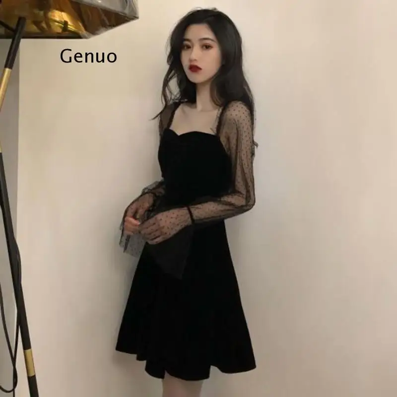 

Black Dress Lace Sexy Gothic Vintage Dress Women Elegant Evening Party Club A line Puff sleeve Vestidos