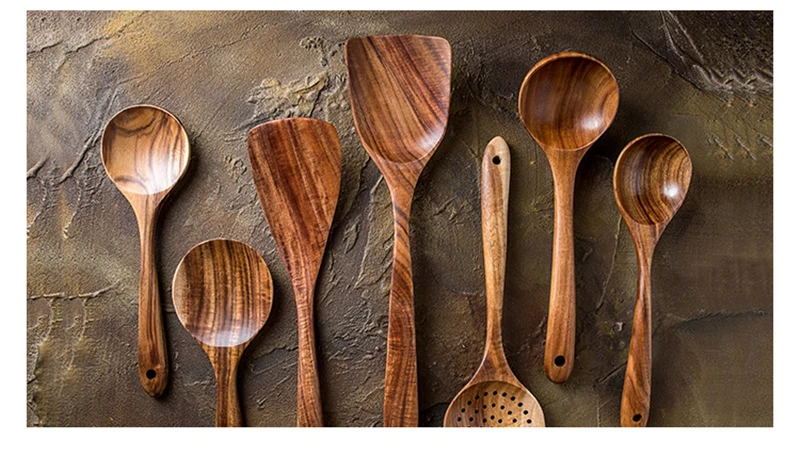 1-7 Stück/Set Teakholz-Küchenbesteck: Sieb- und Suppenlöffel, spezieller Nano-Schöpflöffel, Kochlöffel, Holz-Küchenzubehör-Set – Detail 6