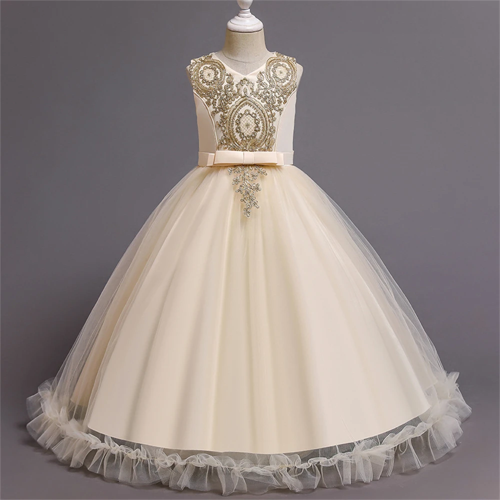 Robes de mariée en dentelle champagne pour filles, robe de demoiselle d'honneur, robe de soirée d'anniversaire pour adolescentes, magnifique robe de graduation, 2021