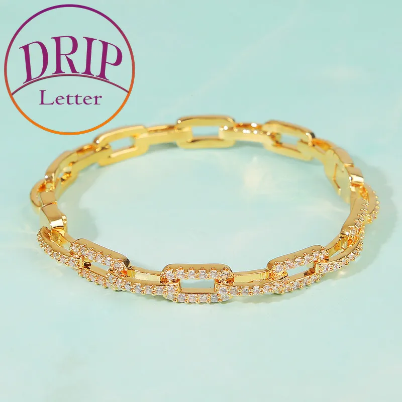 Drip Letter Cubic Zircon Bangles for Women Real Copper Link Charm Hip Hop Jewelry Rock Street Style