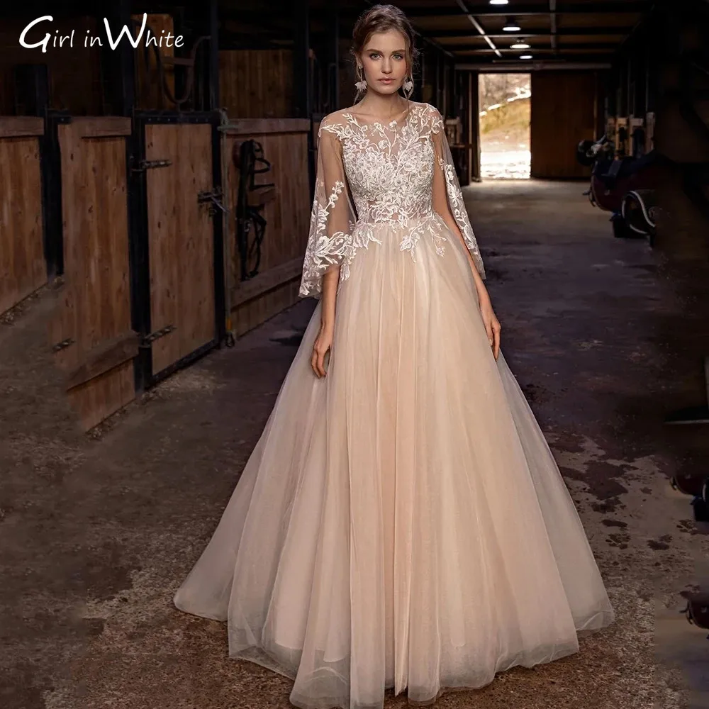 Abito da sposa elegante con maniche svasate O-Collo A-Line Applicazioni in pizzo Abito da sposa personalizzato Abito da sposa Abiti da sposa