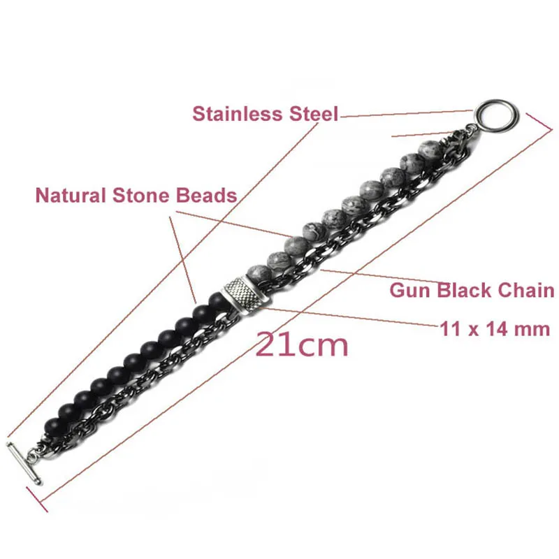 2 Layers Gun Black Stainless Steel Chain Bracelet Men's Tiger Eye Natural Stone Beads Bracelet for Men Beads Strand Braclet Gift image 6