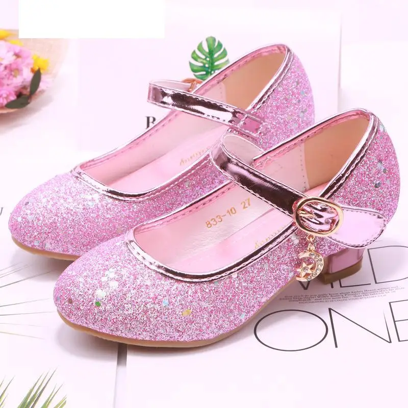 

Children Princess Shoes Student Dance Shoes For Girls High Heel Sandals Dress Purple Kids Leather Glitter Crystal Shoes Banquet