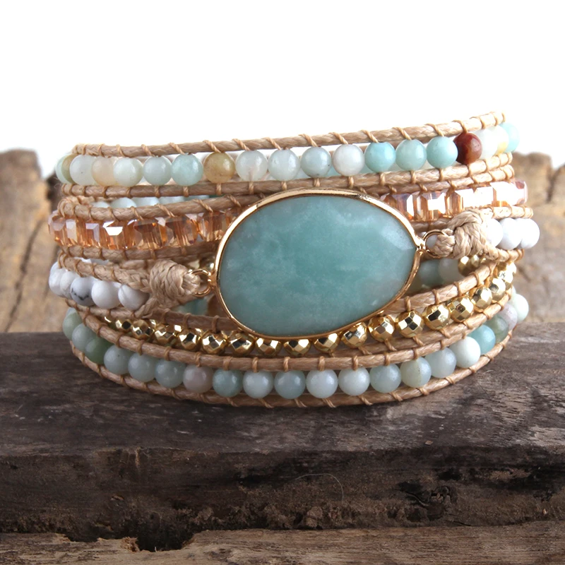 New Fashion Boho Bracelet  Blue Natural Stones Grass Amazonite Charm 5 Strands Woven Wrap Bracelets Gift