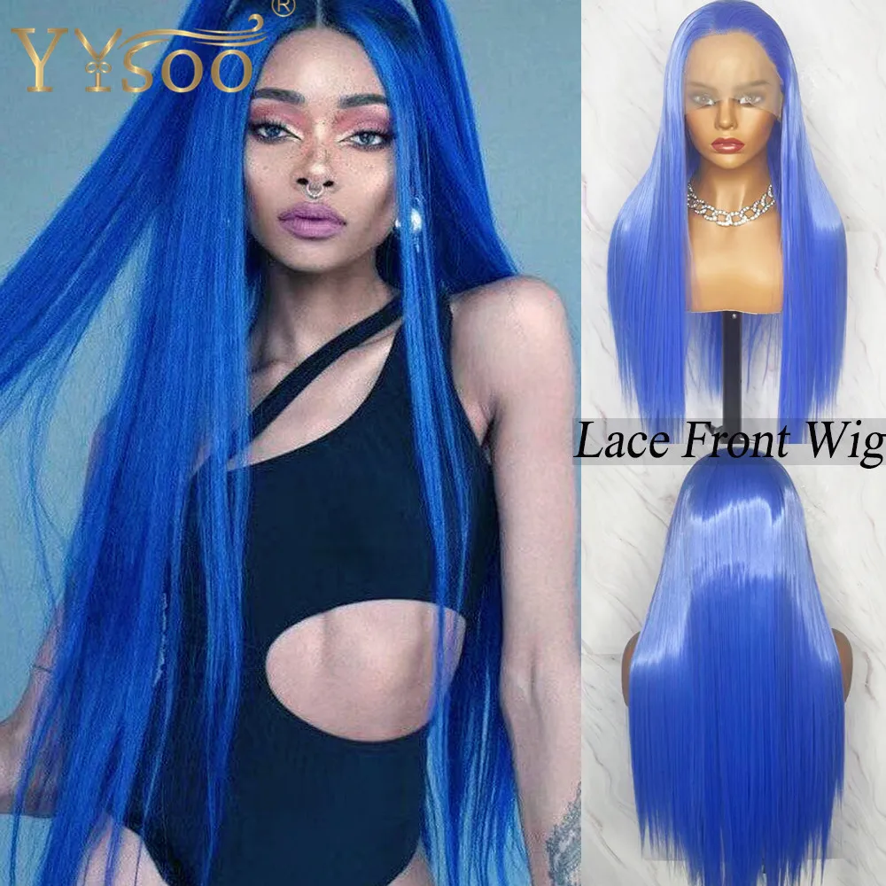 

YYsoo long Blue 13x3 Lace Front Wigs Synthetic Hair Natural Straight Heat Resistant Fiber Blue Lace Wigs For Women Daily Used