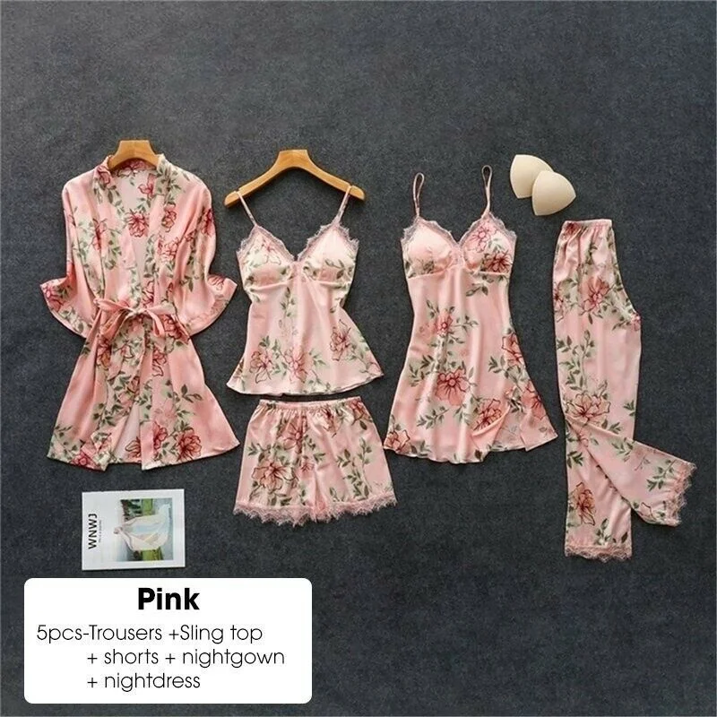 Kupokasi 2/3/4/5Pcs Women Pajama Silk Floral Overall Print PJ Set Satin Pyjamas Sexy Lace Pyjama Nighties Sleepwear Home Clothes