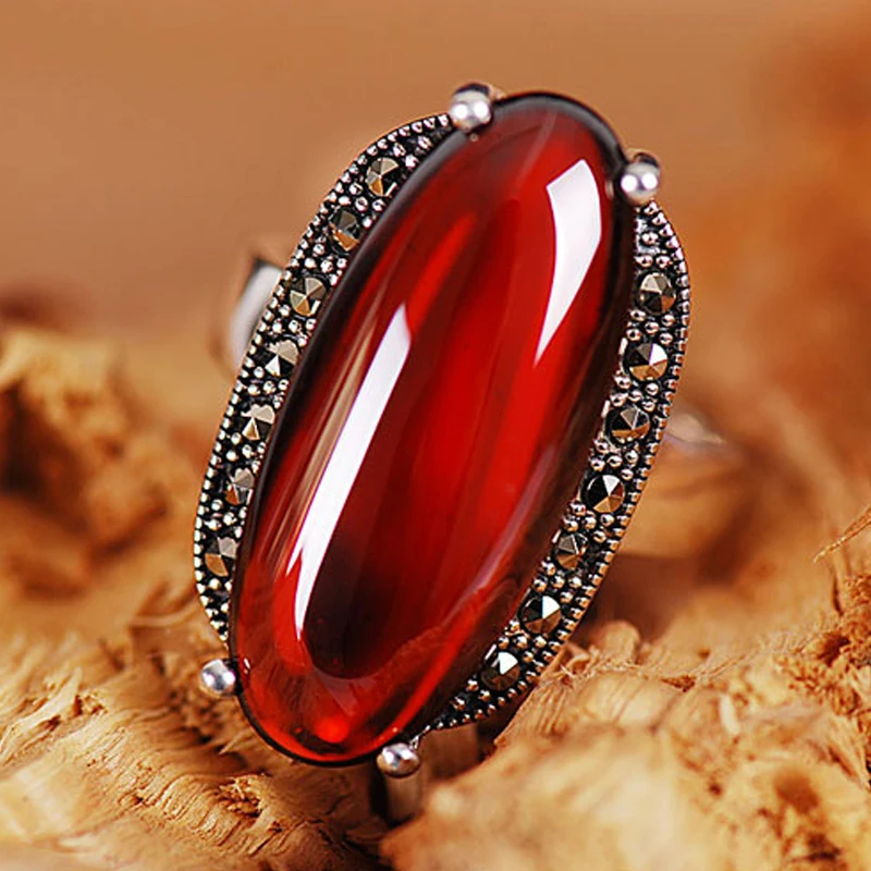 

real HIGH QUALITY 925 PURE STERLING SILVER NATURAL SEMI-PRECIOUS STONES GARNET RED BIG RINGS FEMALE RETRO FASHION BOHEMIA RING