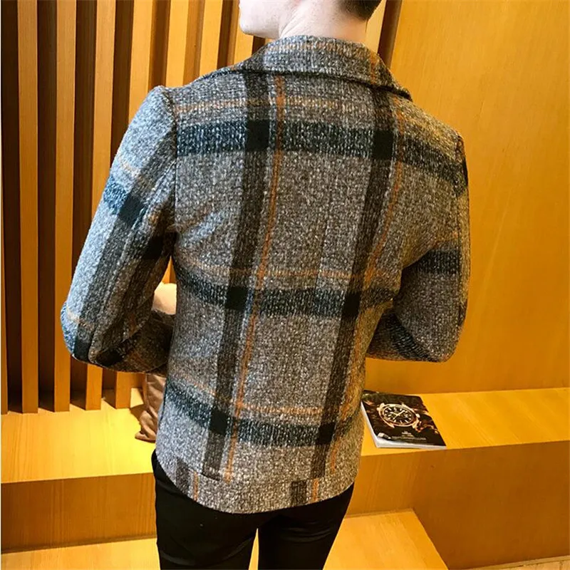 Men Woolen Jacket 2020 Winter New Double Breasted Windbreaker Fashion Retro Tartan Jackets Man Slim Fit Short Jacket Trench 5xl