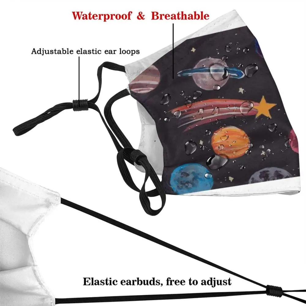 Masque spatial en tissu lavable avec filtre Pm2.5 pour enfants et adultes, planète spatiale, étoiles, lune