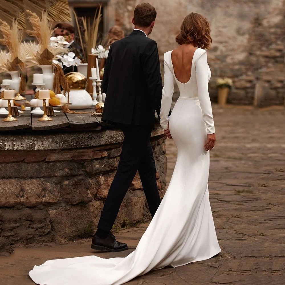 Vestido de novia elegante con escote cuadrado de sirena, de manga larga, Espalda descubierta, de satén, cola en forma de U