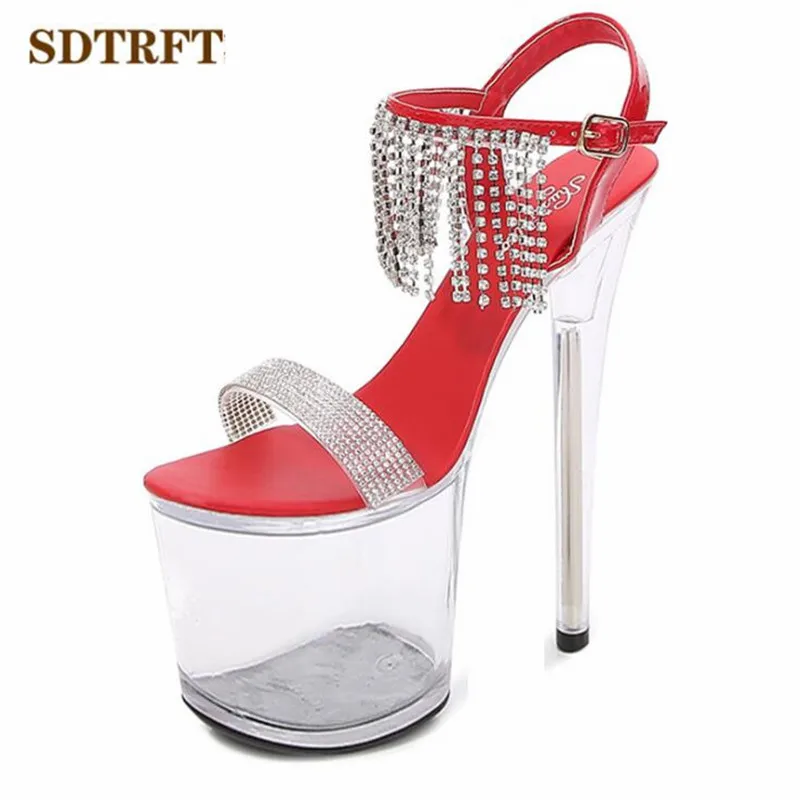 SDTRFT Stilettos zapatos mujer 20cm thin heels Transparent platform diamond Tassels sandals Buckle shoes woman Party Dance pumps