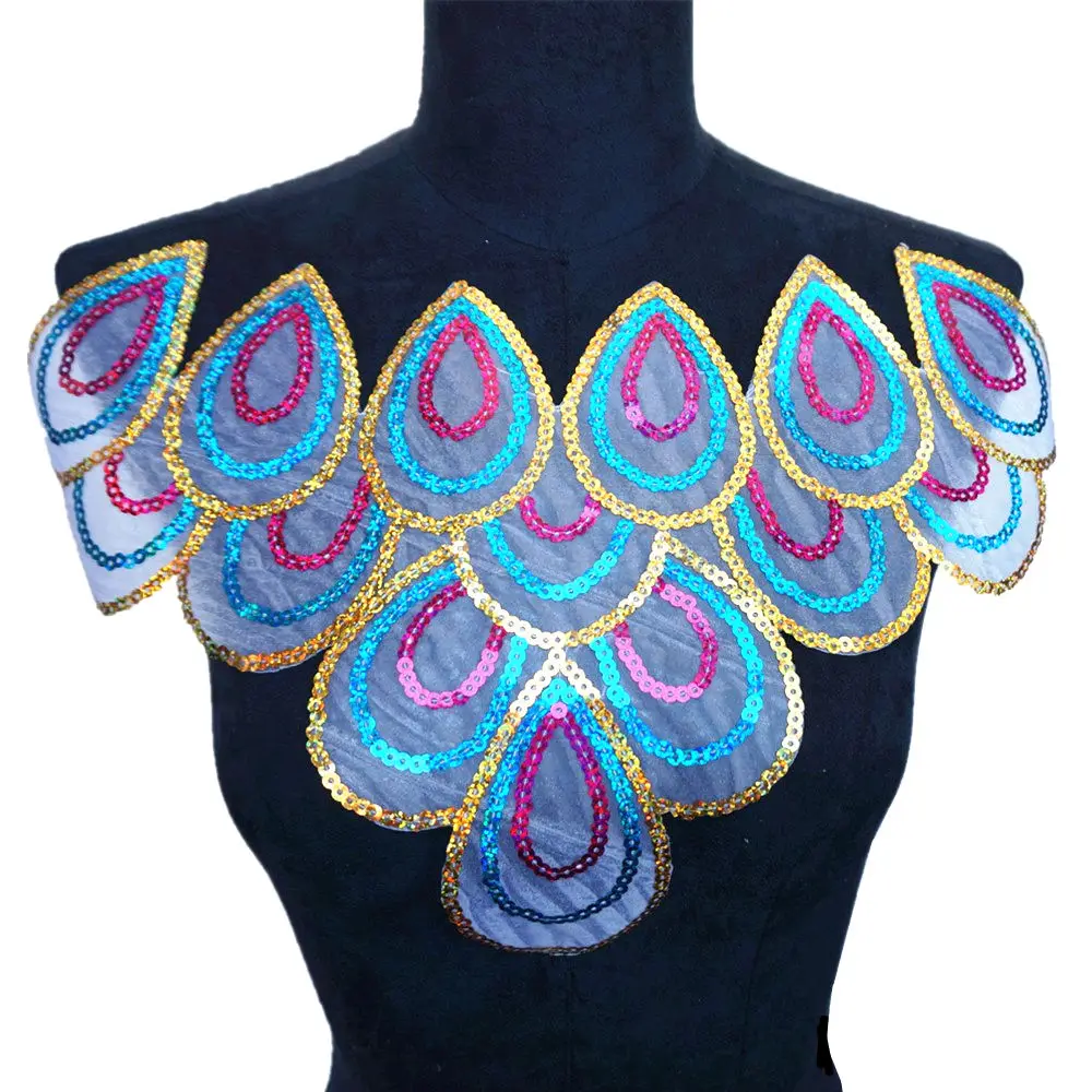 Złoty różowy niebieski cekiny pawie pióro tkaniny kołnierz haftowane aplikacje żelazko przyszyć na plastry na ślub sukienka dekoracyjna DIY