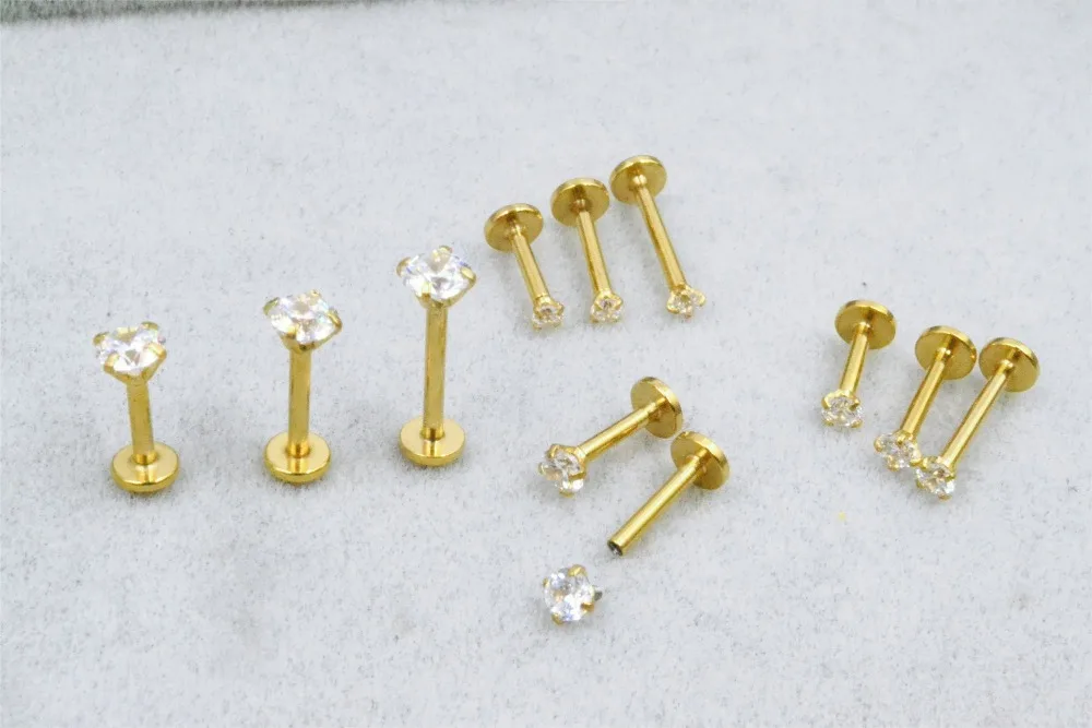 

LOT50pcs 16G Body Jewelry Piercing -Gold Shine Round CZ Lip Labret Studs Ring Ear Helix Tragus Bar Lip Piercing