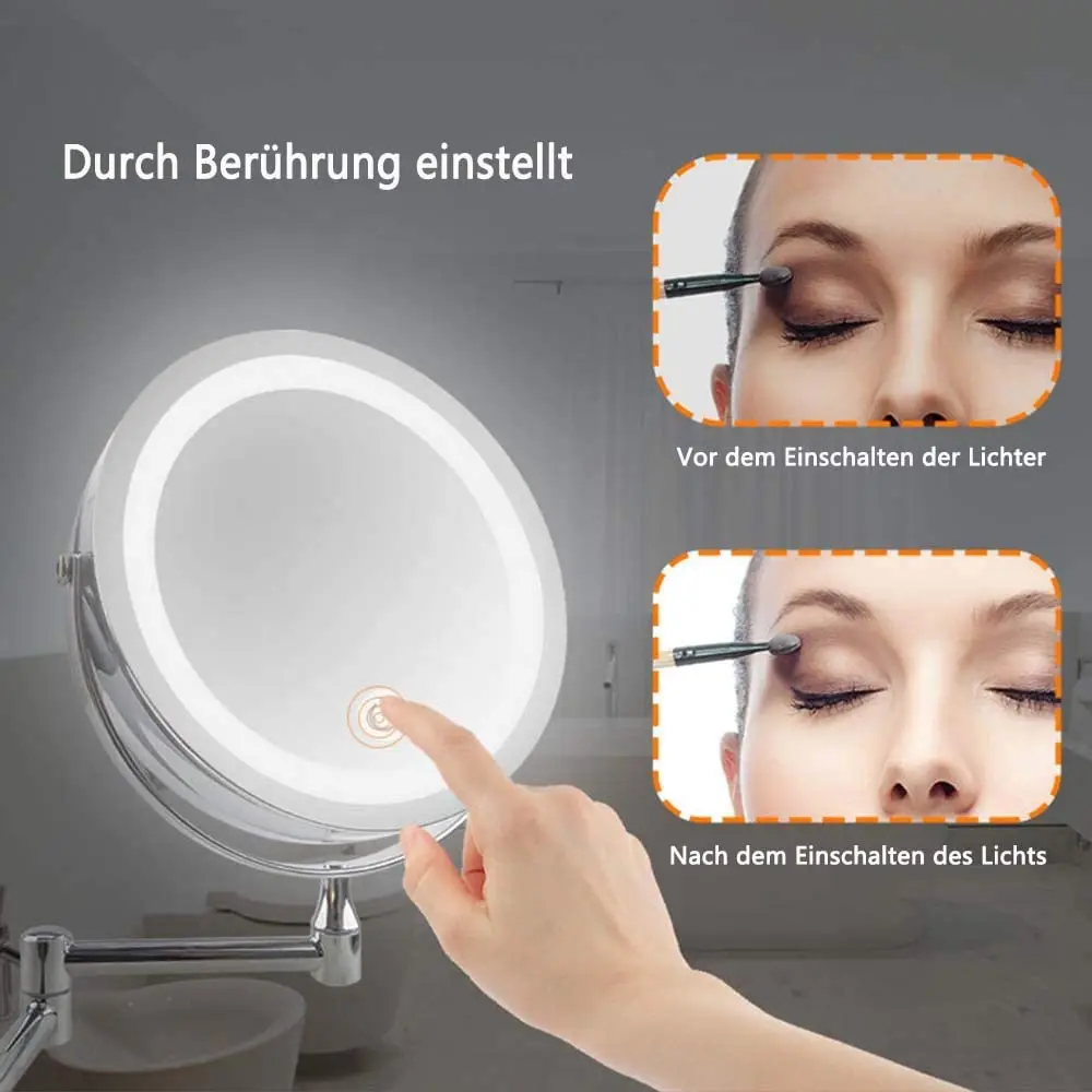 Cosmetic Mirror with LED Lighting, Illuminated Wall Mounted, Magnifying Mirror 1x/10x Compartments, 360°makeup mirror