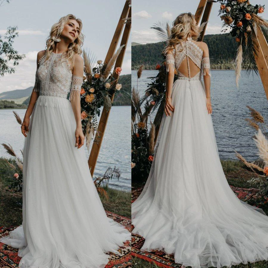 Robe de mariée bohème avec corsage de bijoux, licou dans le dos, robes de patients en tulle, appliques en dentelle, robes de mariée élégantes, look de plage, quel que soit le cas, 2022