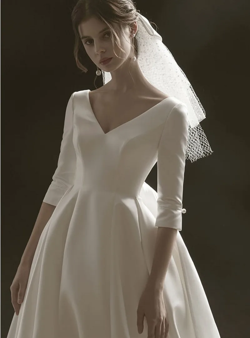 Hohe Qualität Lange Satin Hochzeit Kleider 2021 Halbe Hülse V-ausschnitt Backless Brautkleider Mit Bogen Vestido De Mariee Maß