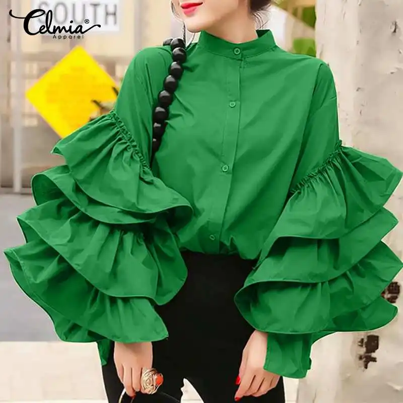 Kobiety Blusas Celmia 2022 moda warstwowe Flare jednolite bluzki z długim rękawem Streetwear koszule guziki, na co dzień eleganckie bluzki biurowe