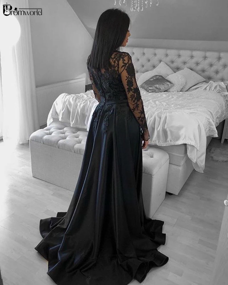 Icidal sion-Robe de soirée en dentelle à manches longues, robes de RhA-ligne, robe de soirée formelle, satin fendu, appliques noires, robe de soirée sexy