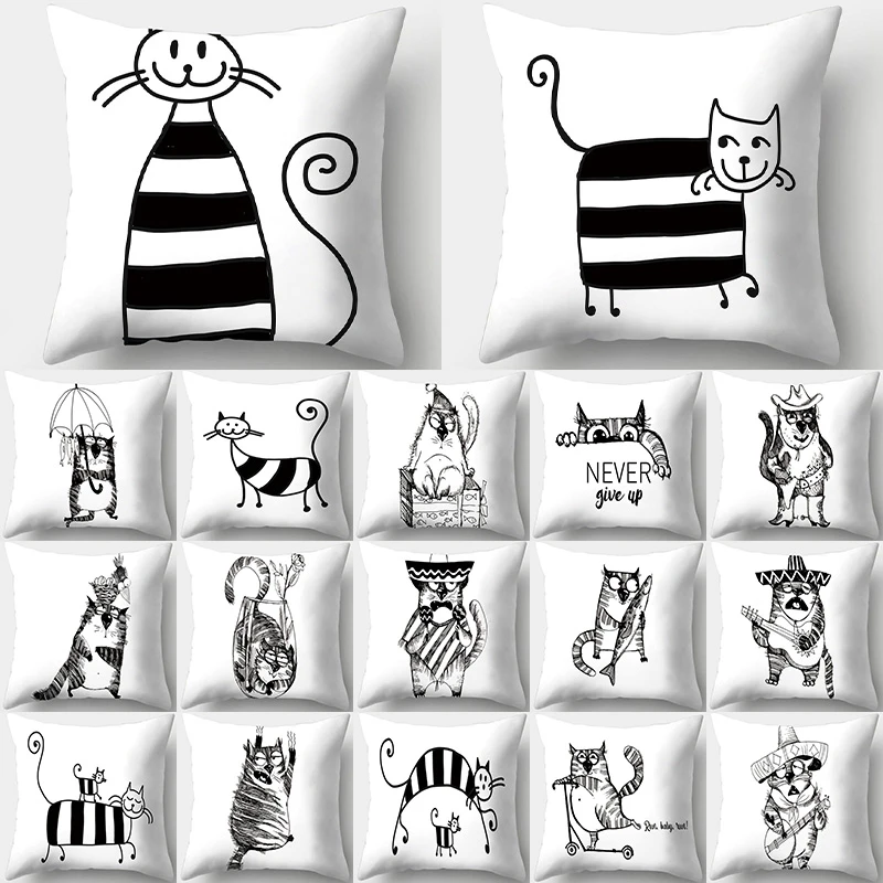 Black White Cat Pattern Decorative Cushions Pillowcase Polyester Cushion Cover Throw Pillow Sofa Decoration Pillowcover 40921