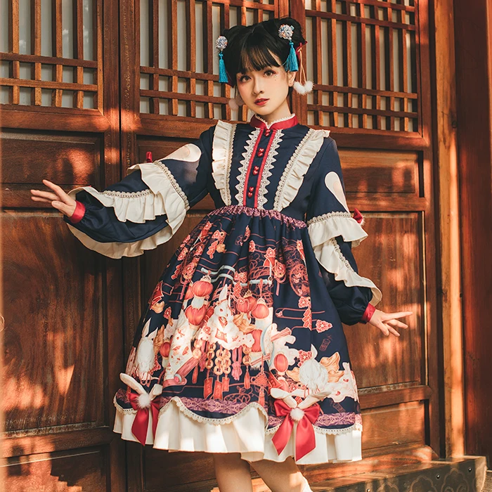 Dolce vestito dalla principessa lolita dell'annata del merletto di bowknot del collare del peter pan a vita alta abito vittoriano kawaii ragazza gothic lolita op loli