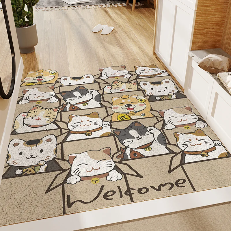 New Arrive Cartoon Cutable Beckoning Cat PVC Doormat Kitchen Mat Silk Loop Entrance Rug For Hallway Custom Home Floor Carpet