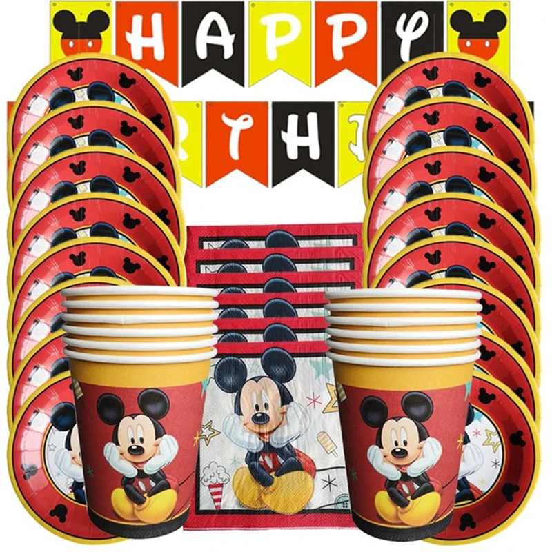 Mickey Mouse Theme Birthday Party Supplies Decorations Kids Favor Paper Cups Plates Flags Napkins Party Tablecloth Anniversaire