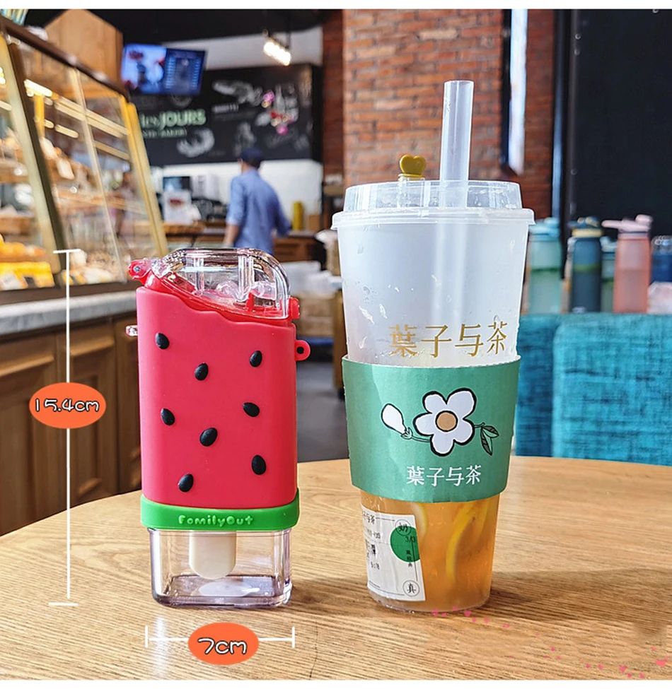 Cute Ice Cream Plastic Water Bottle With Straw Strap Popsicle Water Bottle Watermelon Kettle Leakproof Tritan Bottle BPA Free Cu