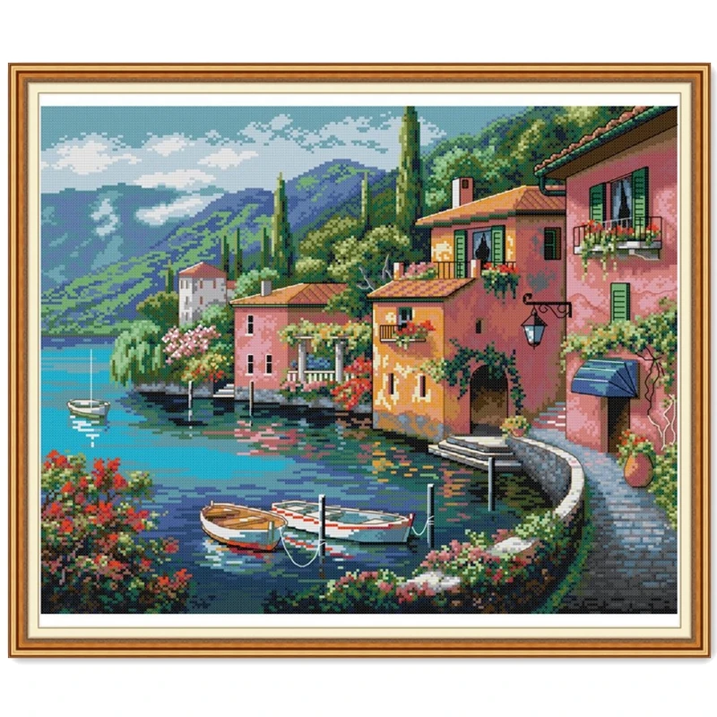 Colorful house by the water cross stitch kit aida 14ct 18ct count canvas stitches needlework embroidery DIY