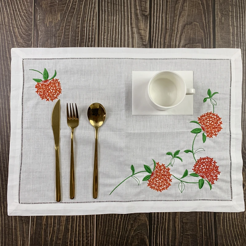 

12 PCS Table Cloth White Hemstitched Linen Placemats with embroidered Floral for elegant lunch or dinner